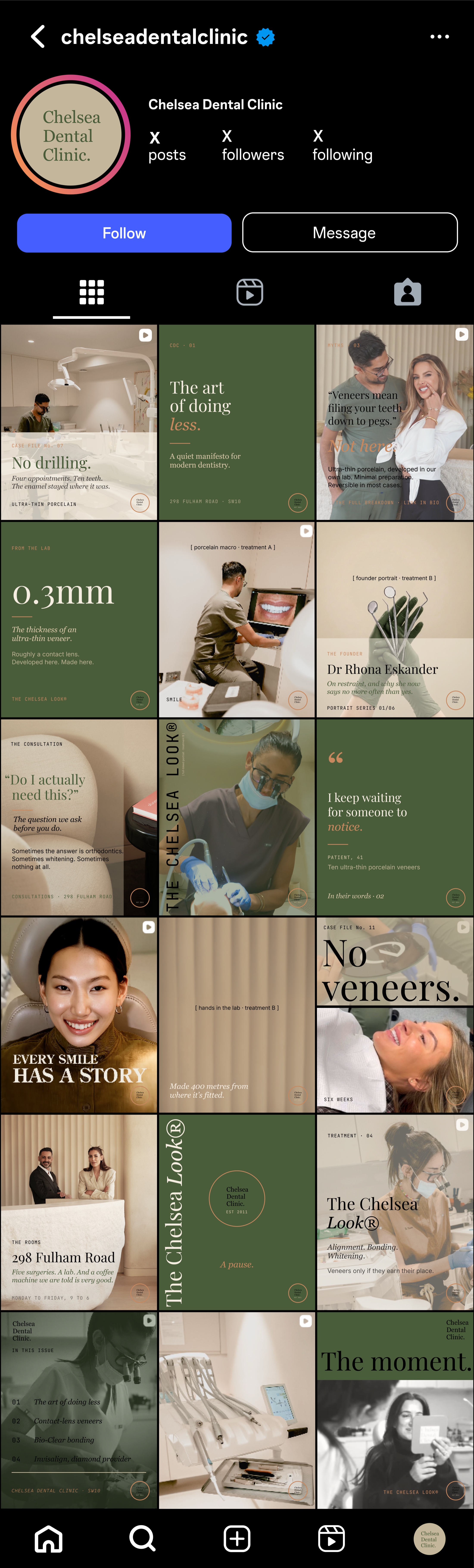 Mockup Instagram Grid de profil pentru Chelsea Dental Clinic · un Feed editorial în nuanțe de măsliniu și crem, cu dosare de caz, postări-manifest și portrete.